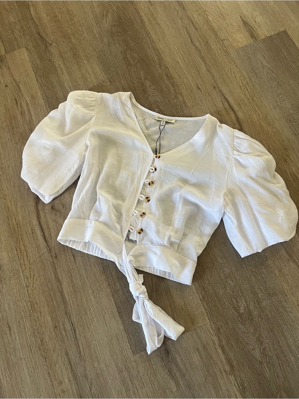 Cropped White Tie-Front Puff Sleeve Blouse